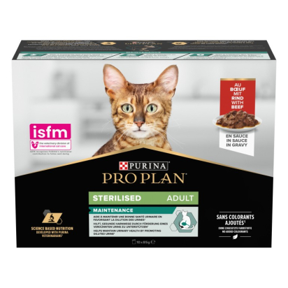 PRO PLAN POUR CHAT ADULTE STERILISE NOURRITURE HUMIDE BOEUF - POCHONS 10 X 85G