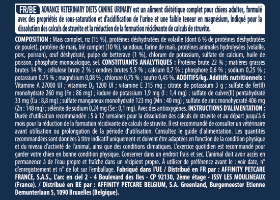 ADVANCE VETERINAIRE CHIEN URINARY 12KG