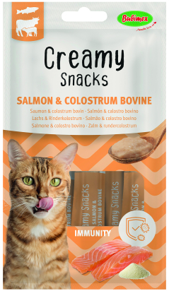 CREAMY SNACKS CHAT X4, SAUMON POUDRE DE COLOSTRUM BOVIN, 60G
