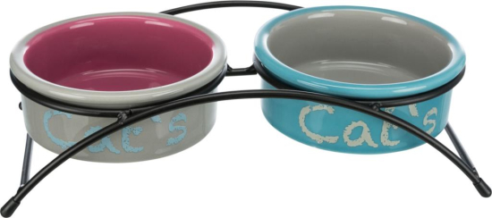 Set gamelles, en céramique/métal, 2 × 0,3 l/ø 12 cm/26 × 7 × 13 cm, gris clair/vieux rose/bleu clair