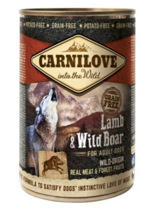 Pâtée sans céréales saveur agneau et sanglier sauvage pour chien adulte CARNILOVE 400 g