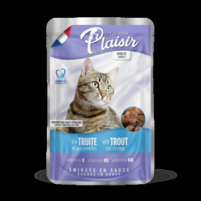 Emincés pour Chat Adulte Stérilisé Truite & Crevettes en sauce Pochon 100g