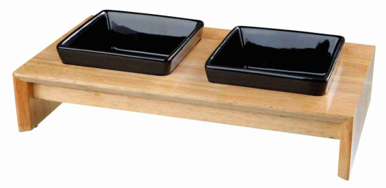 Set gamelles, en céramique/bois, 2 × 0,4 l/13 × 13 cm/36 × 7 × 19 cm, noir/brun clair