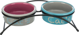 Set gamelles, en céramique/métal, 2 × 0,3 l/ø 12 cm/26 × 7 × 13 cm, gris clair/vieux rose/bleu clair