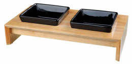 Set gamelles, en céramique/bois, 2 × 0,4 l/13 × 13 cm/36 × 7 × 19 cm, noir/brun clair