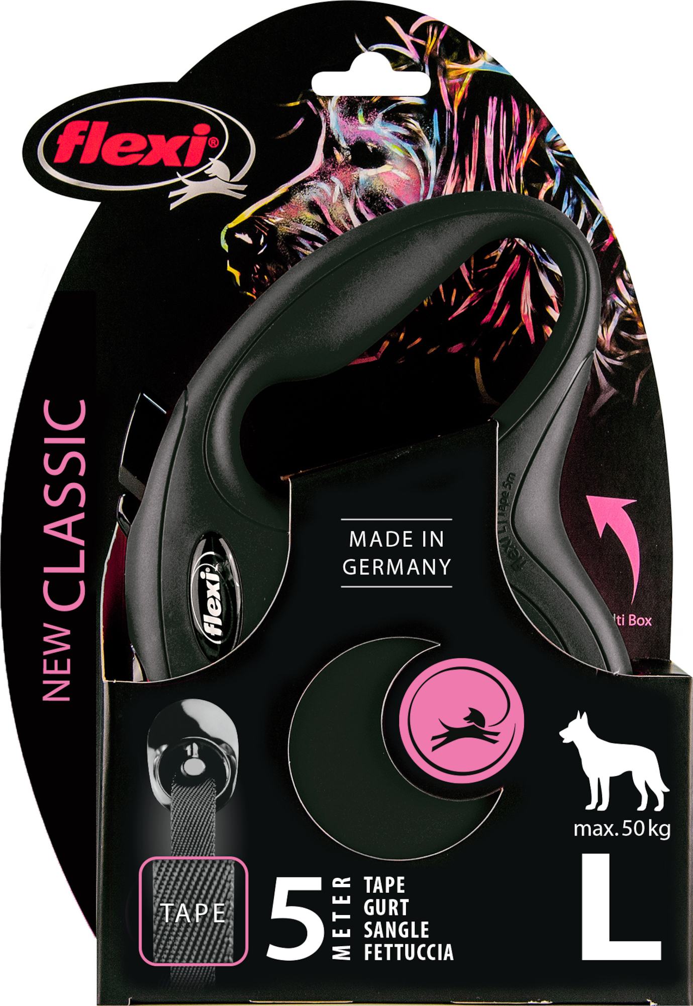 Flexi Laisse à enrouleur New Classic Tape Noir Large-5 mètres