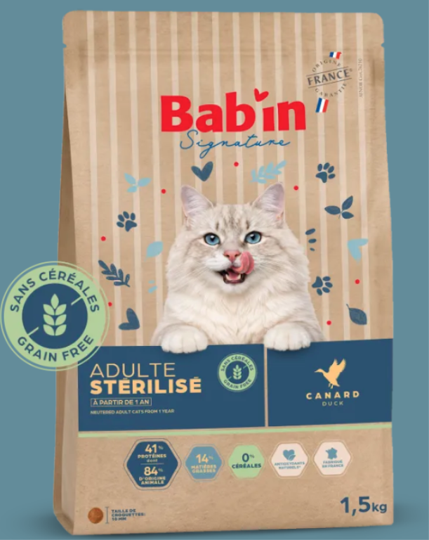 BAB’IN SIGNATURE CHAT ADULTE STÉRILISÉ SANS CÉRÉALES CANARD 3KG