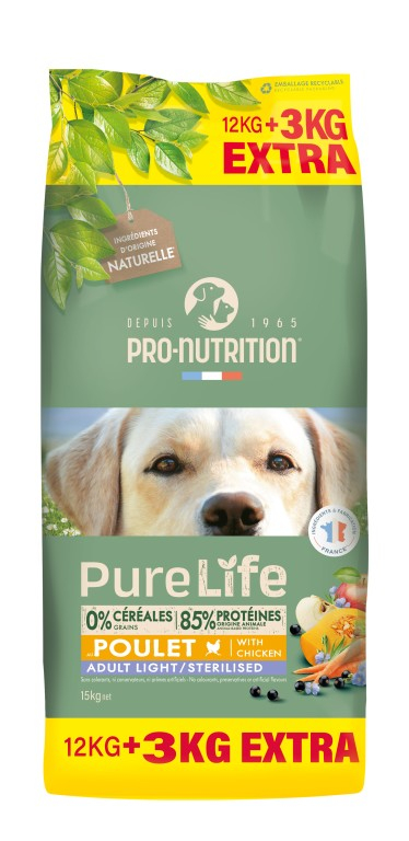 PURE LIFE SANS CEREALES POUR CHIEN ADULTE STERILISE - 12 + 3 KG OFFERTS