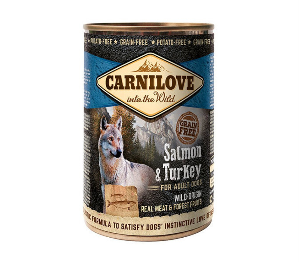 Pâtée sans céréales saveur saumon et dinde pour chien adulte CARNILOVE 400 g