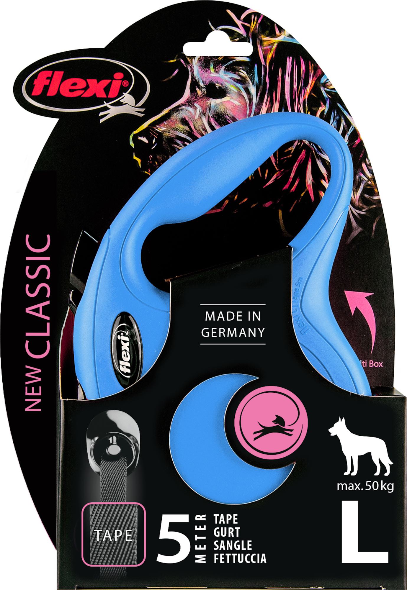 Flexi Laisse à enrouleur New Classic Tape Bleu, Large- 5 mètres