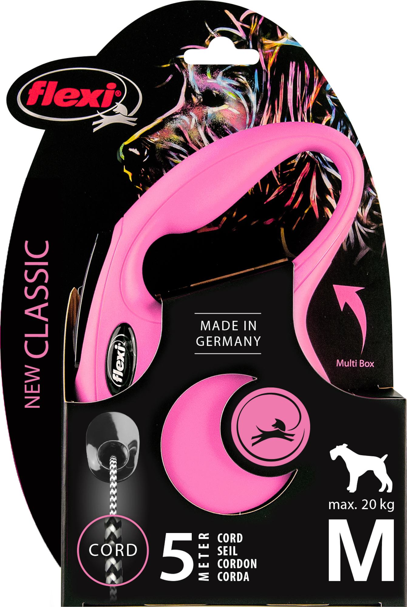 Flexi Laisse à enrouleur New Classic Corde Rose, Medium- 5 mètres