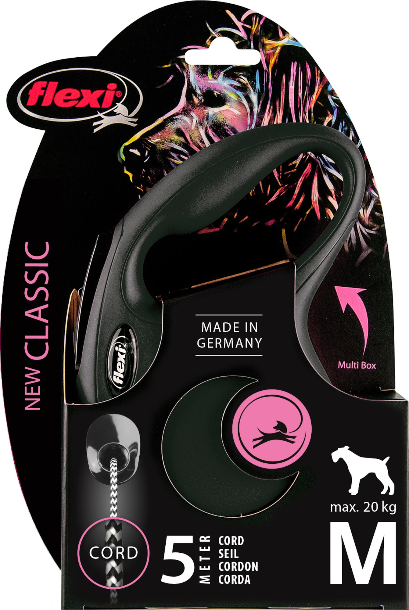 Flexi Laisse à enrouleur New Classic Corde Noir, Medium- 5 mètres