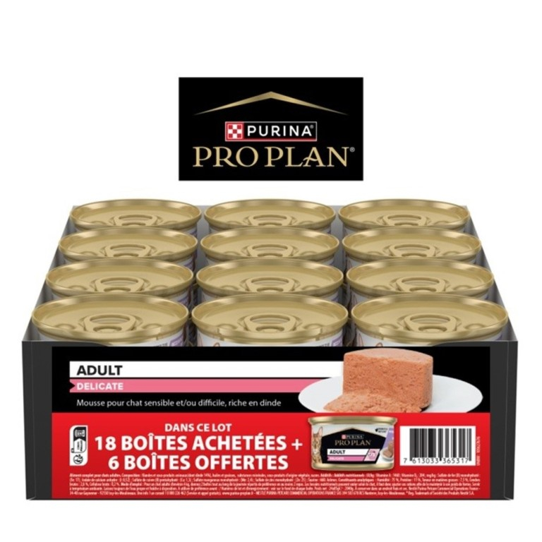 PRO PLAN MOUSSE DELICATE DINDE - 85G 18+6 BOITES