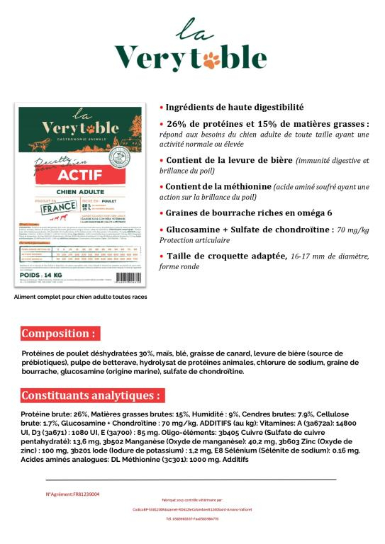 LA VERYTABLE CROQUETTE POUR CHIEN ADULTE ACTIF 26/15 14kg