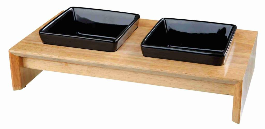Set gamelles, en céramique/bois, 2 × 0,4 l/13 × 13 cm/36 × 7 × 19 cm, noir/brun clair